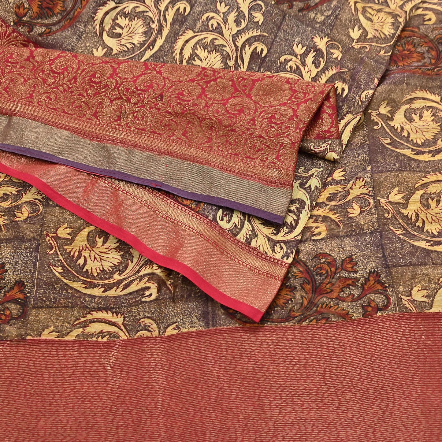 Indian Vintage Sari Brown beige chanderi Silk block Printed Saree 5Yd Fabric Floral Soft Zari Border Ethnic Upcycle Crafting Dress making