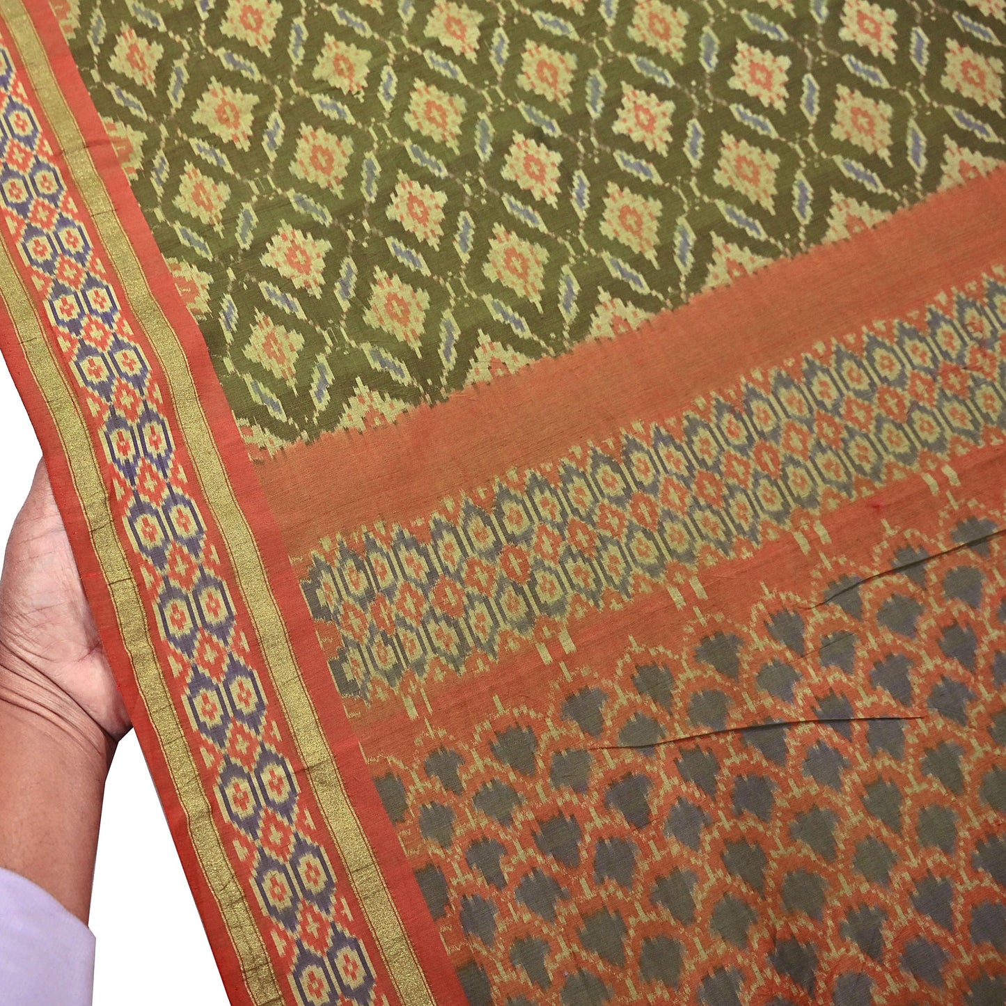 Indian Vintage Saree Green & orange Pure Silk Hand Woven Ikat Sari Craft Fabric 5Yard Dress Making Ethnic Premium Saree Quilting Crafting