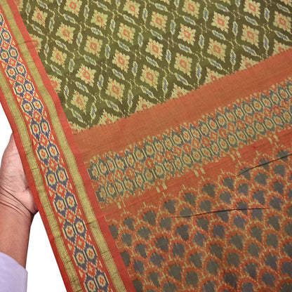 Indian Vintage Saree Green & orange Pure Silk Hand Woven Ikat Sari Craft Fabric 5Yard Dress Making Ethnic Premium Saree Quilting Crafting