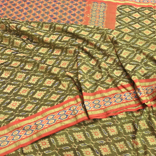 Indian Vintage Saree Green & orange Pure Silk Hand Woven Ikat Sari Craft Fabric 5Yard Dress Making Ethnic Premium Saree Quilting Crafting