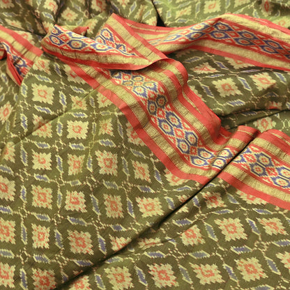 Indian Vintage Saree Green & orange Pure Silk Hand Woven Ikat Sari Craft Fabric 5Yard Dress Making Ethnic Premium Saree Quilting Crafting