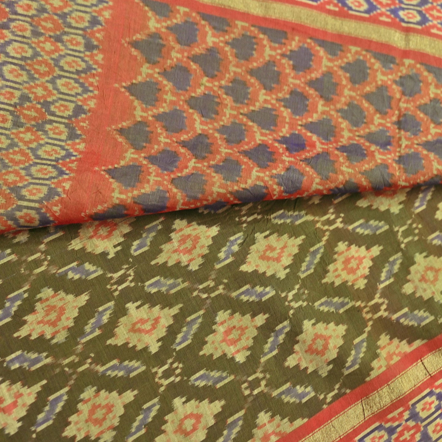 Indian Vintage Saree Green & orange Pure Silk Hand Woven Ikat Sari Craft Fabric 5Yard Dress Making Ethnic Premium Saree Quilting Crafting