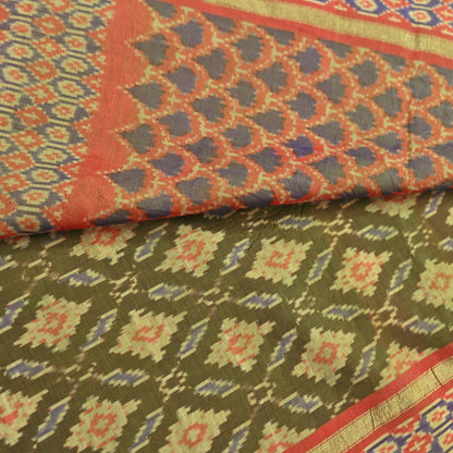 Indian Vintage Saree Green & orange Pure Silk Hand Woven Ikat Sari Craft Fabric 5Yard Dress Making Ethnic Premium Saree Quilting Crafting
