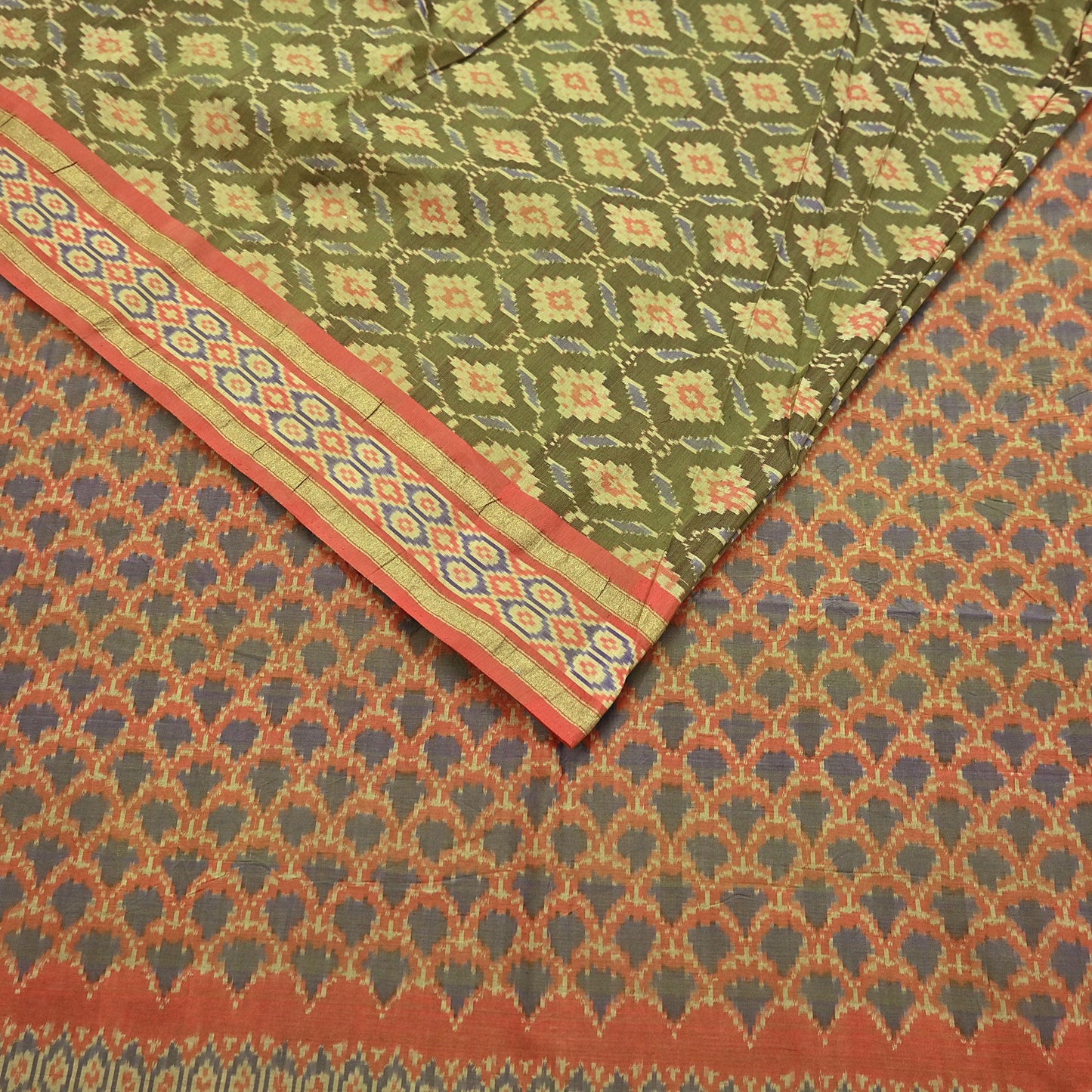 Indian Vintage Saree Green & orange Pure Silk Hand Woven Ikat Sari Craft Fabric 5Yard Dress Making Ethnic Premium Saree Quilting Crafting