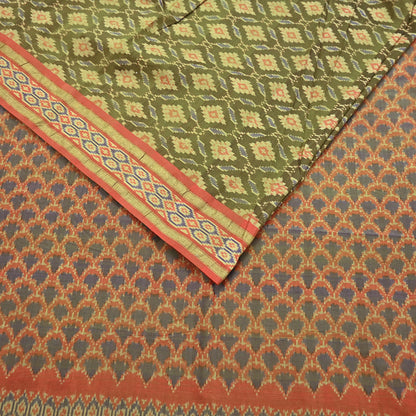 Indian Vintage Saree Green & orange Pure Silk Hand Woven Ikat Sari Craft Fabric 5Yard Dress Making Ethnic Premium Saree Quilting Crafting