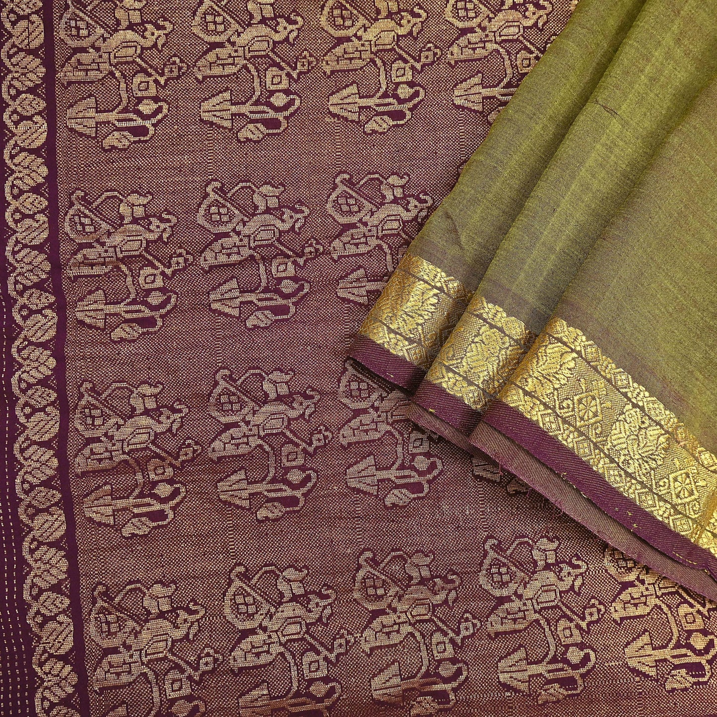 Indian Vintage Sari Green & maroon Blend Silk hand Woven Saree Craft Fabric 5yd Sewing Soft Dress Designing Crafting Quilting Zari Border