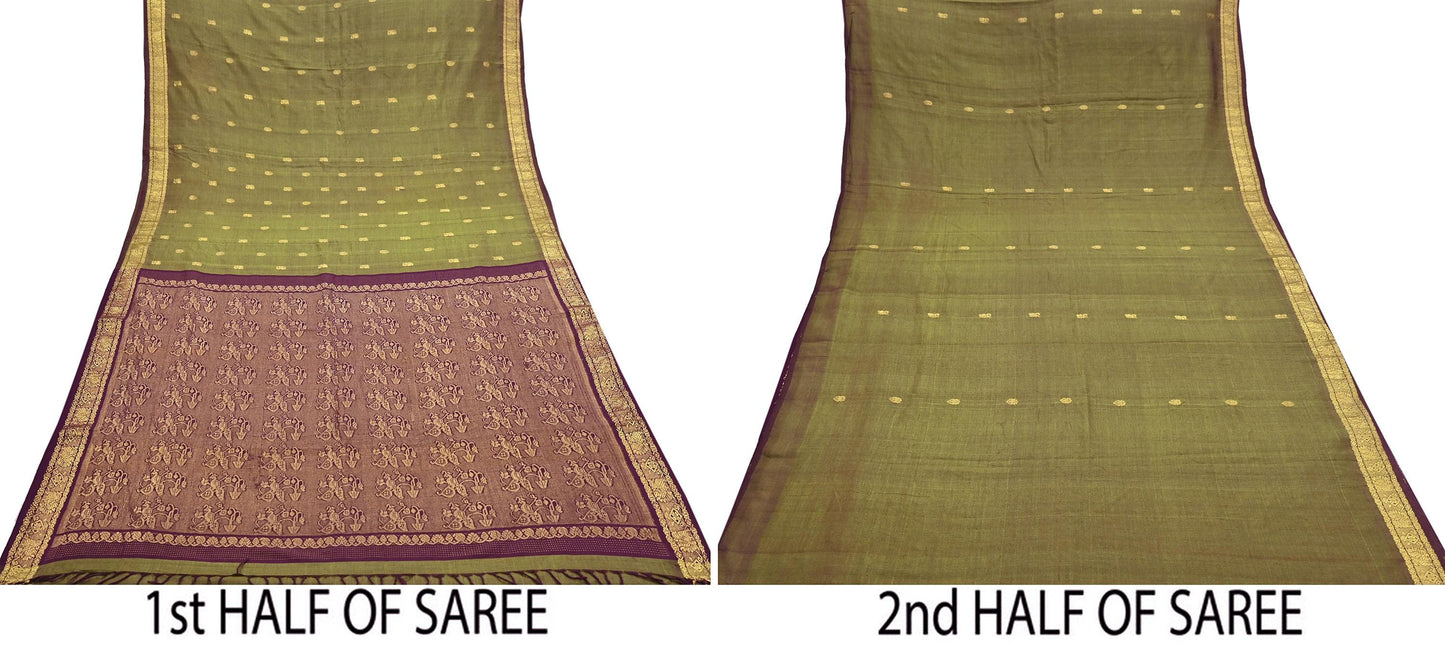 Indian Vintage Sari Green & maroon Blend Silk hand Woven Saree Craft Fabric 5yd Sewing Soft Dress Designing Crafting Quilting Zari Border