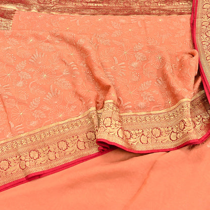Indian Vintage Orange & Red Saree Blend Georgette Hand Embroidered Sari Fabric 5Yard Sewing Soft Ethnic