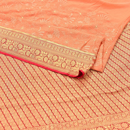 Indian Vintage Orange & Red Saree Blend Georgette Hand Embroidered Sari Fabric 5Yard Sewing Soft Ethnic