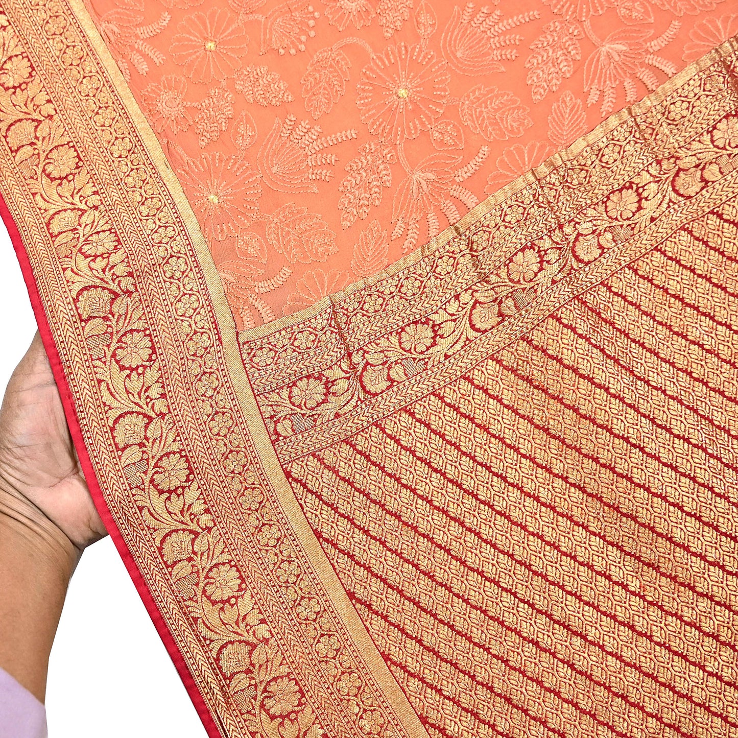 Indian Vintage Orange & Red Saree Blend Georgette Hand Embroidered Sari Fabric 5Yard Sewing Soft Ethnic