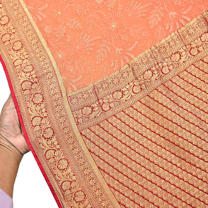 Indian Vintage Orange & Red Saree Blend Georgette Hand Embroidered Sari Fabric 5Yard Sewing Soft Ethnic