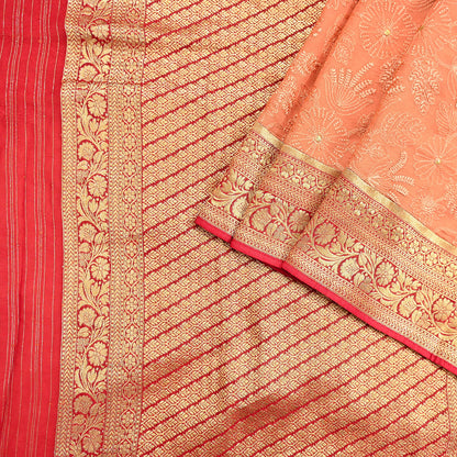 Indian Vintage Orange & Red Saree Blend Georgette Hand Embroidered Sari Fabric 5Yard Sewing Soft Ethnic