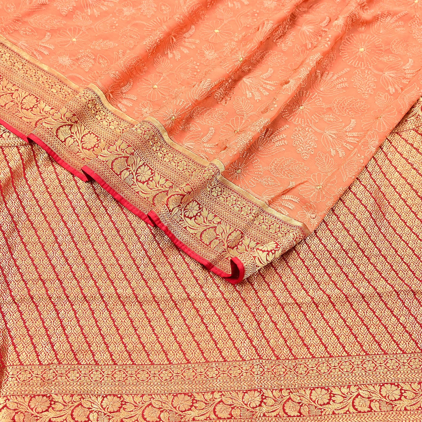 Indian Vintage Orange & Red Saree Blend Georgette Hand Embroidered Sari Fabric 5Yard Sewing Soft Ethnic