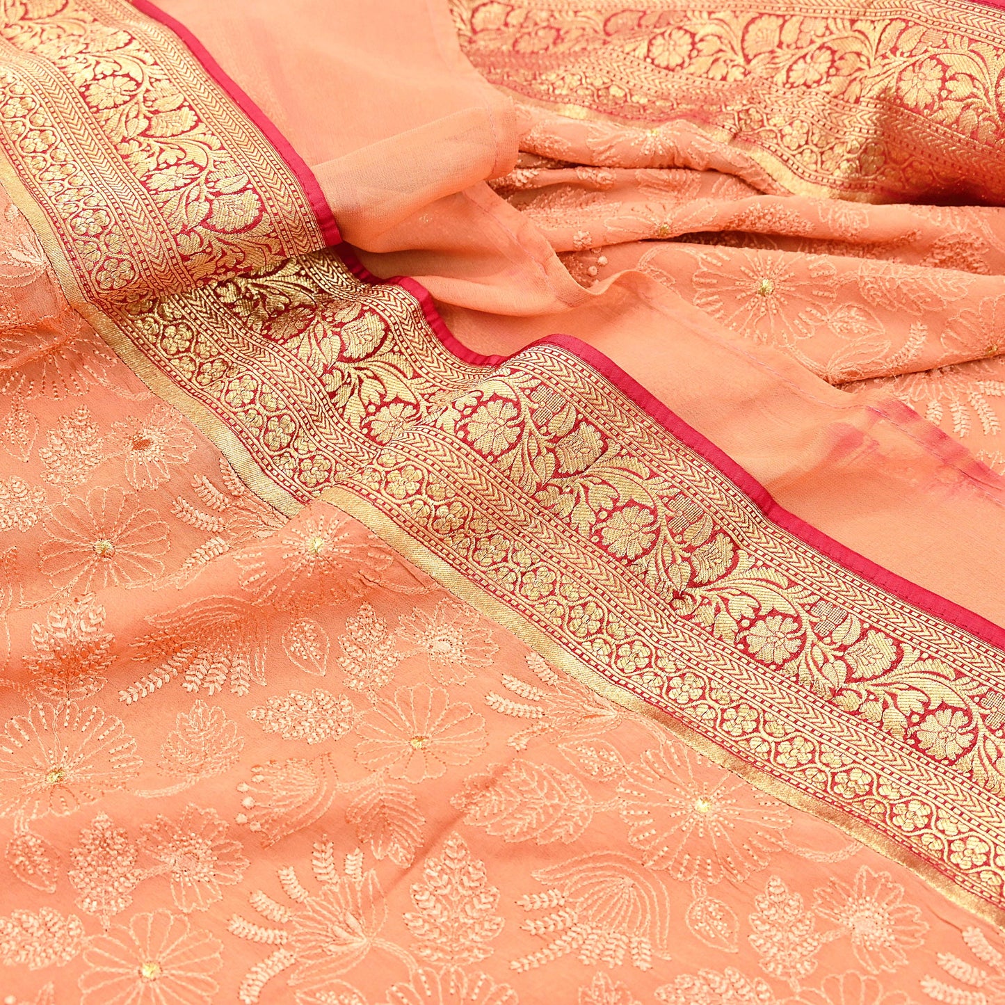 Indian Vintage Orange & Red Saree Blend Georgette Hand Embroidered Sari Fabric 5Yard Sewing Soft Ethnic