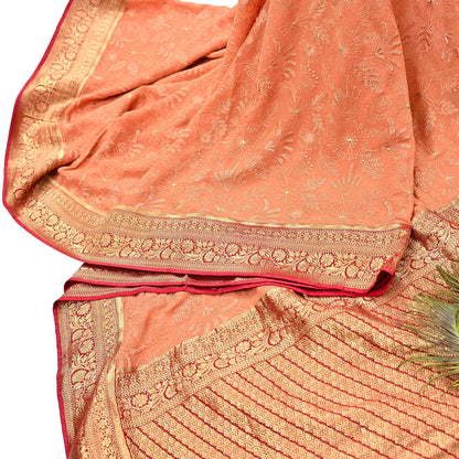 Indian Vintage Orange & Red Saree Blend Georgette Hand Embroidered Sari Fabric 5Yard Sewing Soft Ethnic