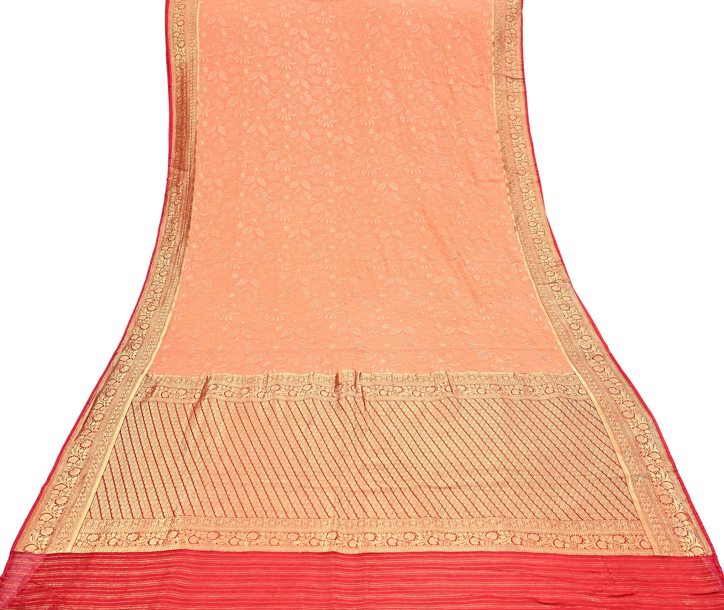 Indian Vintage Orange & Red Saree Blend Georgette Hand Embroidered Sari Fabric 5Yard Sewing Soft Ethnic