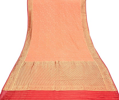 Indian Vintage Orange & Red Saree Blend Georgette Hand Embroidered Sari Fabric 5Yard Sewing Soft Ethnic
