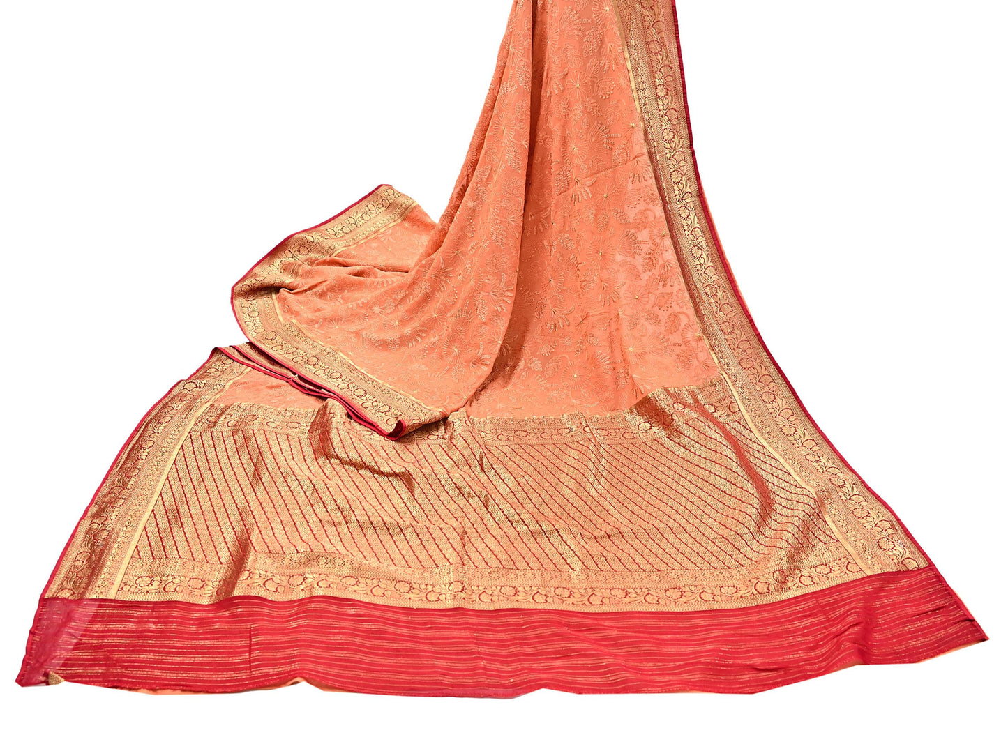 Indian Vintage Orange & Red Saree Blend Georgette Hand Embroidered Sari Fabric 5Yard Sewing Soft Ethnic