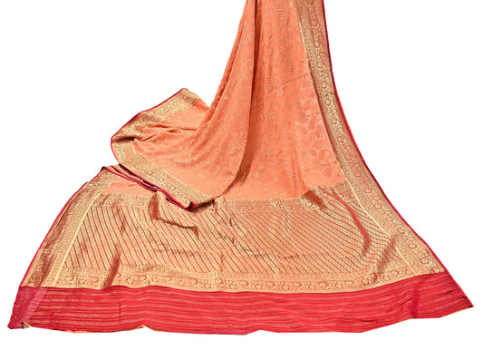 Indian Vintage Orange & Red Saree Blend Georgette Hand Embroidered Sari Fabric 5Yard Sewing Soft Ethnic