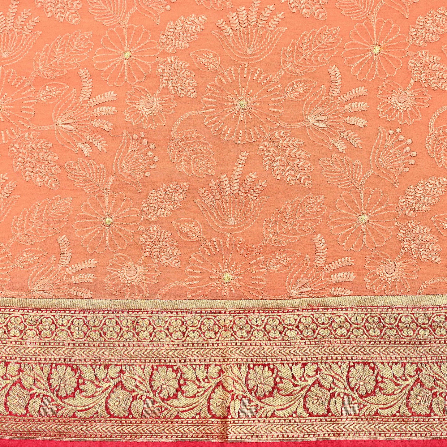 Indian Vintage Orange & Red Saree Blend Georgette Hand Embroidered Sari Fabric 5Yard Sewing Soft Ethnic