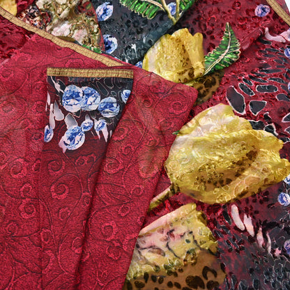 Indian Vintage Red & Multi Saree Pure Chiffon Silk Hand Embroidered Brasso Sari Fabric 5Yd Sewing Ethnic Dress Making For Crafting Quilting