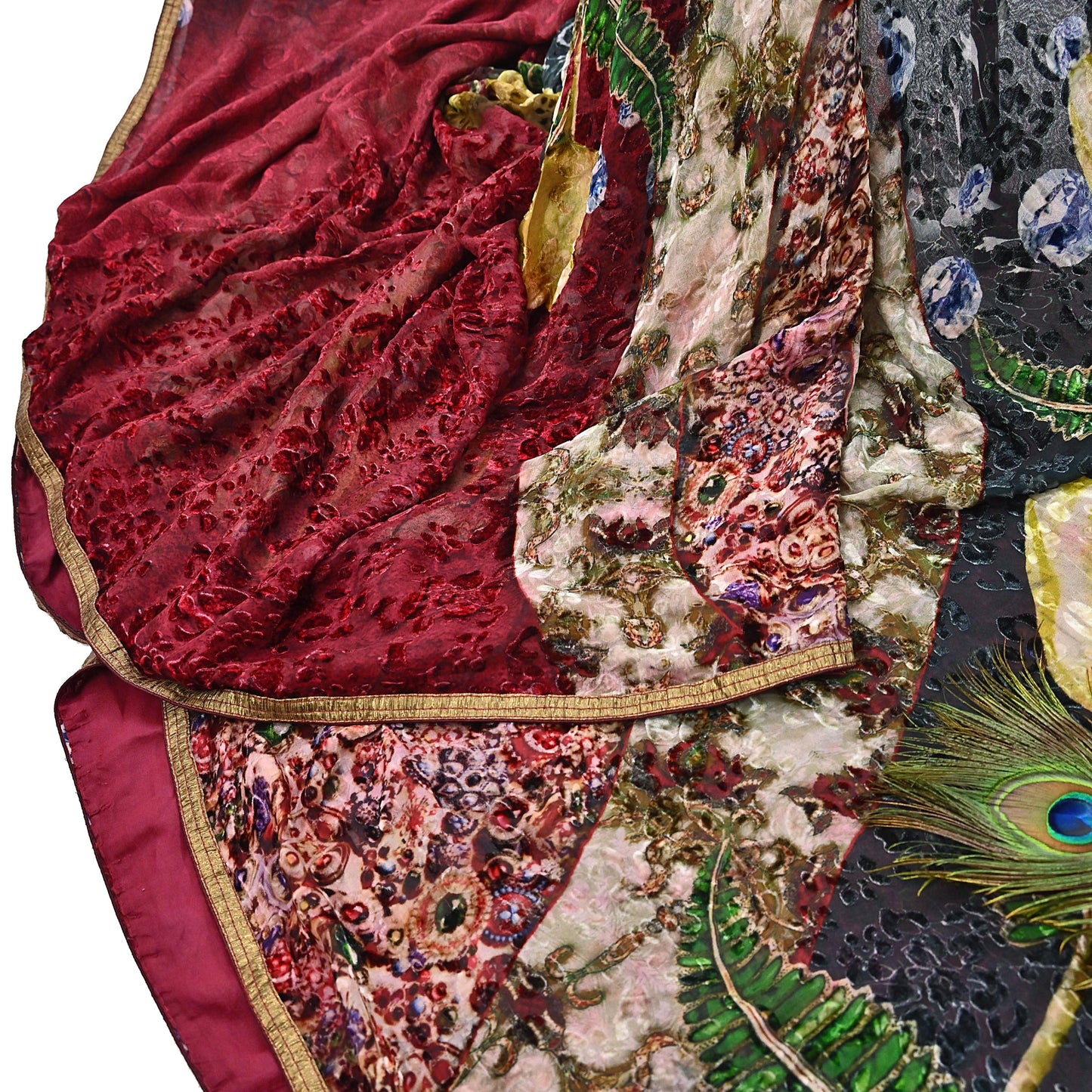 Indian Vintage Red & Multi Saree Pure Chiffon Silk Hand Embroidered Brasso Sari Fabric 5Yd Sewing Ethnic Dress Making For Crafting Quilting