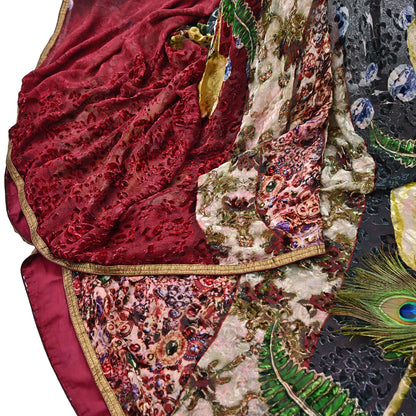 Indian Vintage Red & Multi Saree Pure Chiffon Silk Hand Embroidered Brasso Sari Fabric 5Yd Sewing Ethnic Dress Making For Crafting Quilting