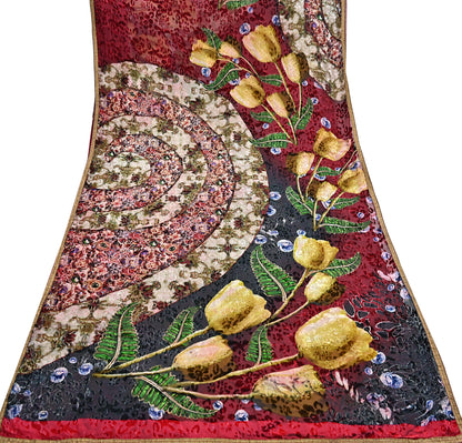 Indian Vintage Red & Multi Saree Pure Chiffon Silk Hand Embroidered Brasso Sari Fabric 5Yd Sewing Ethnic Dress Making For Crafting Quilting