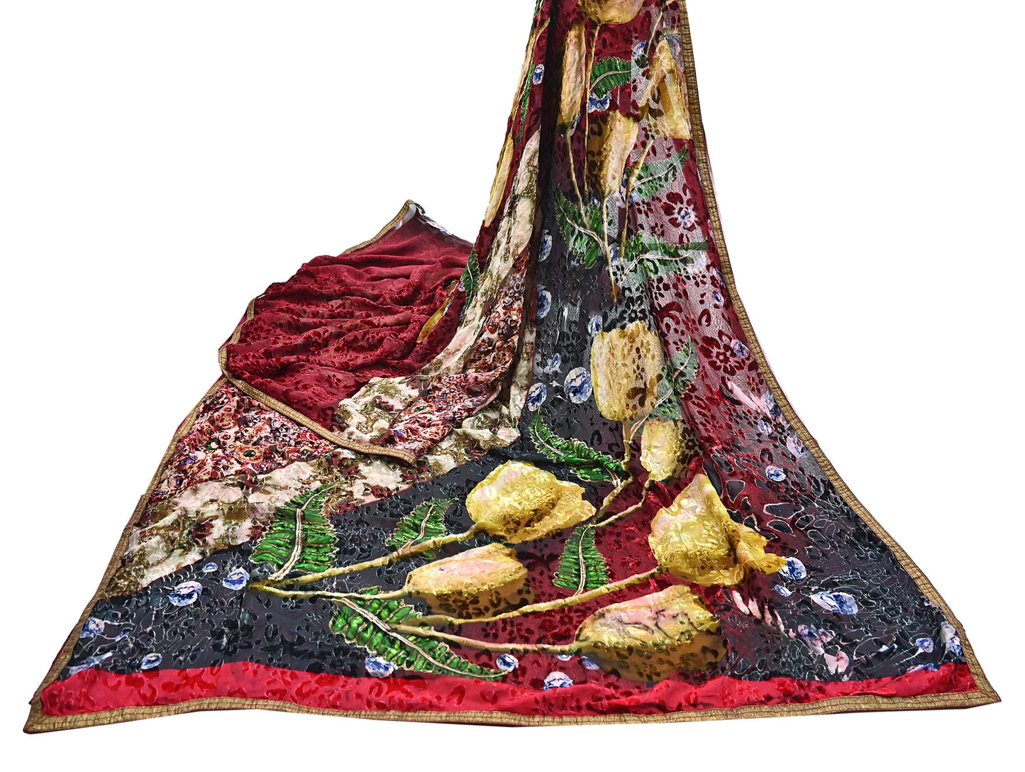 Indian Vintage Red & Multi Saree Pure Chiffon Silk Hand Embroidered Brasso Sari Fabric 5Yd Sewing Ethnic Dress Making For Crafting Quilting
