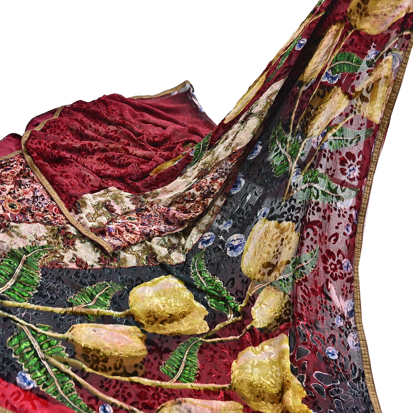 Indian Vintage Red & Multi Saree Pure Chiffon Silk Hand Embroidered Brasso Sari Fabric 5Yd Sewing Ethnic Dress Making For Crafting Quilting