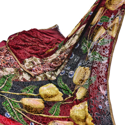 Indian Vintage Red & Multi Saree Pure Chiffon Silk Hand Embroidered Brasso Sari Fabric 5Yd Sewing Ethnic Dress Making For Crafting Quilting