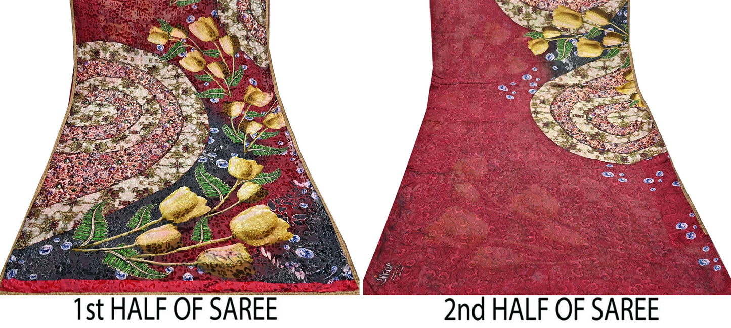 Indian Vintage Red & Multi Saree Pure Chiffon Silk Hand Embroidered Brasso Sari Fabric 5Yd Sewing Ethnic Dress Making For Crafting Quilting
