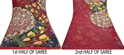 Indian Vintage Red & Multi Saree Pure Chiffon Silk Hand Embroidered Brasso Sari Fabric 5Yd Sewing Ethnic Dress Making For Crafting Quilting