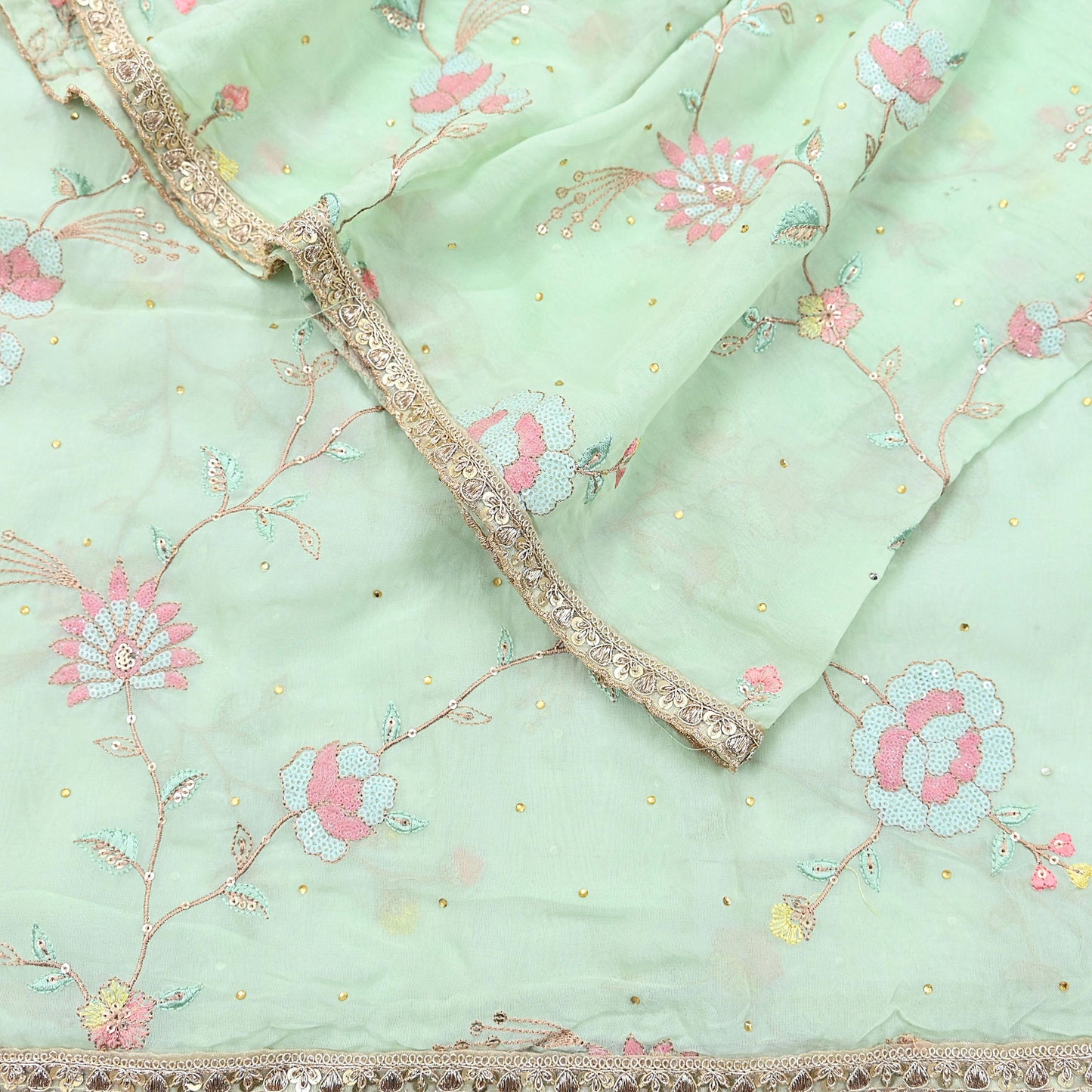 Indian Vintage Pista Green Dupatta Organza Long Stole Embroidered Scarves Veil Soft Floral Design Wrap Boho Party wear