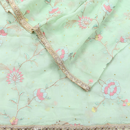 Indian Vintage Pista Green Dupatta Organza Long Stole Embroidered Scarves Veil Soft Floral Design Wrap Boho Party wear