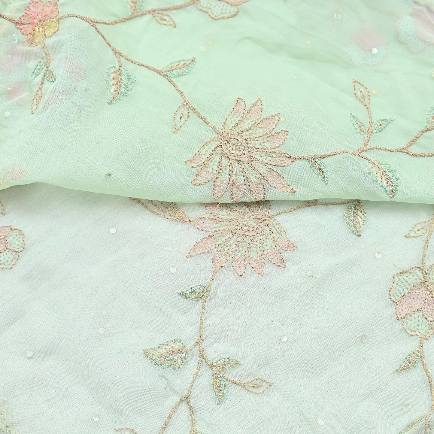 Indian Vintage Pista Green Dupatta Organza Long Stole Embroidered Scarves Veil Soft Floral Design Wrap Boho Party wear