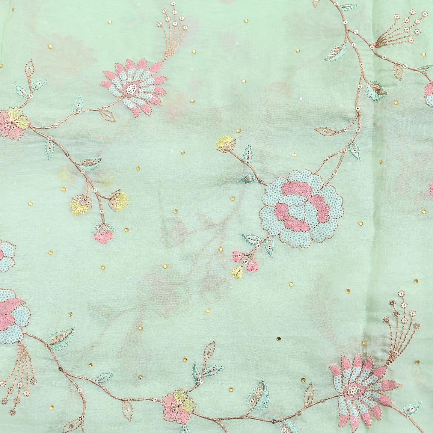 Indian Vintage Pista Green Dupatta Organza Long Stole Embroidered Scarves Veil Soft Floral Design Wrap Boho Party wear