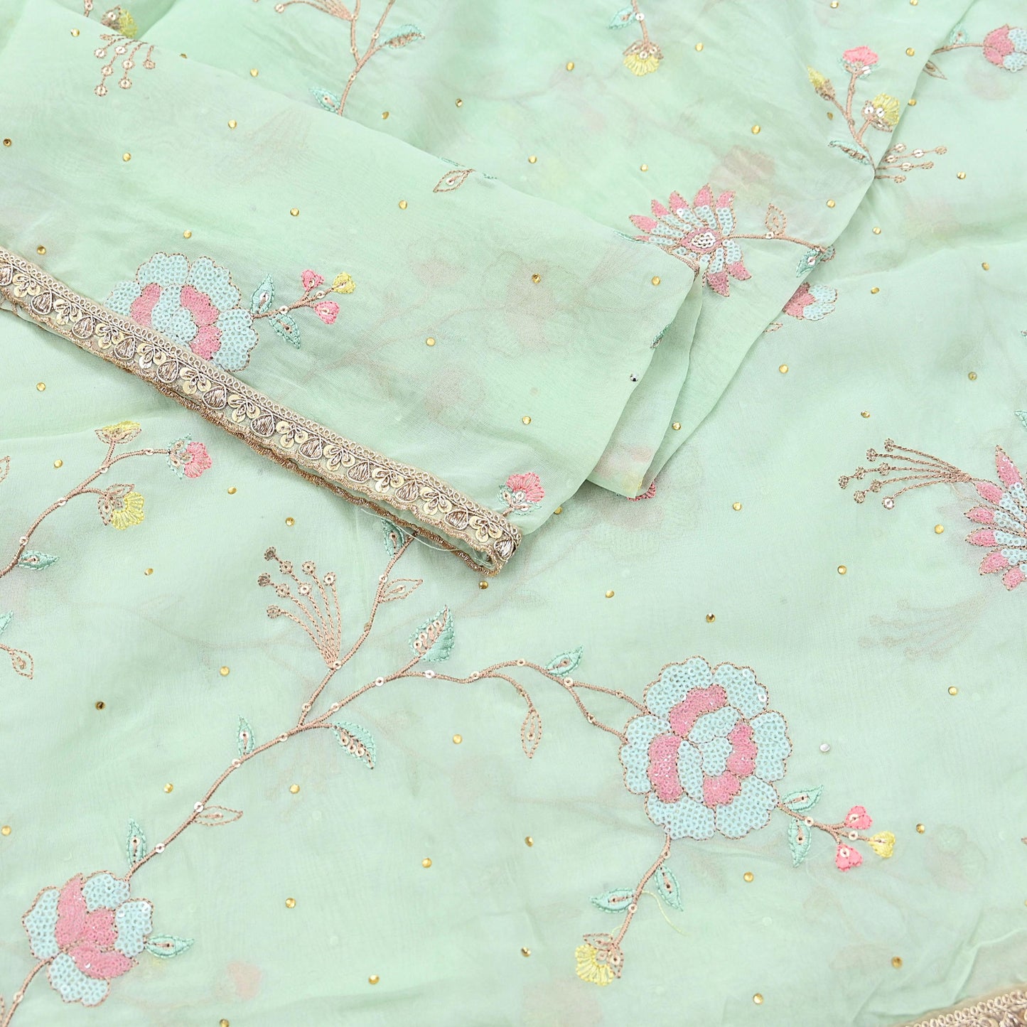 Indian Vintage Pista Green Dupatta Organza Long Stole Embroidered Scarves Veil Soft Floral Design Wrap Boho Party wear