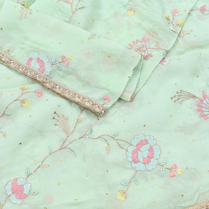 Indian Vintage Pista Green Dupatta Organza Long Stole Embroidered Scarves Veil Soft Floral Design Wrap Boho Party wear