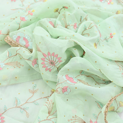 Indian Vintage Pista Green Dupatta Organza Long Stole Embroidered Scarves Veil Soft Floral Design Wrap Boho Party wear