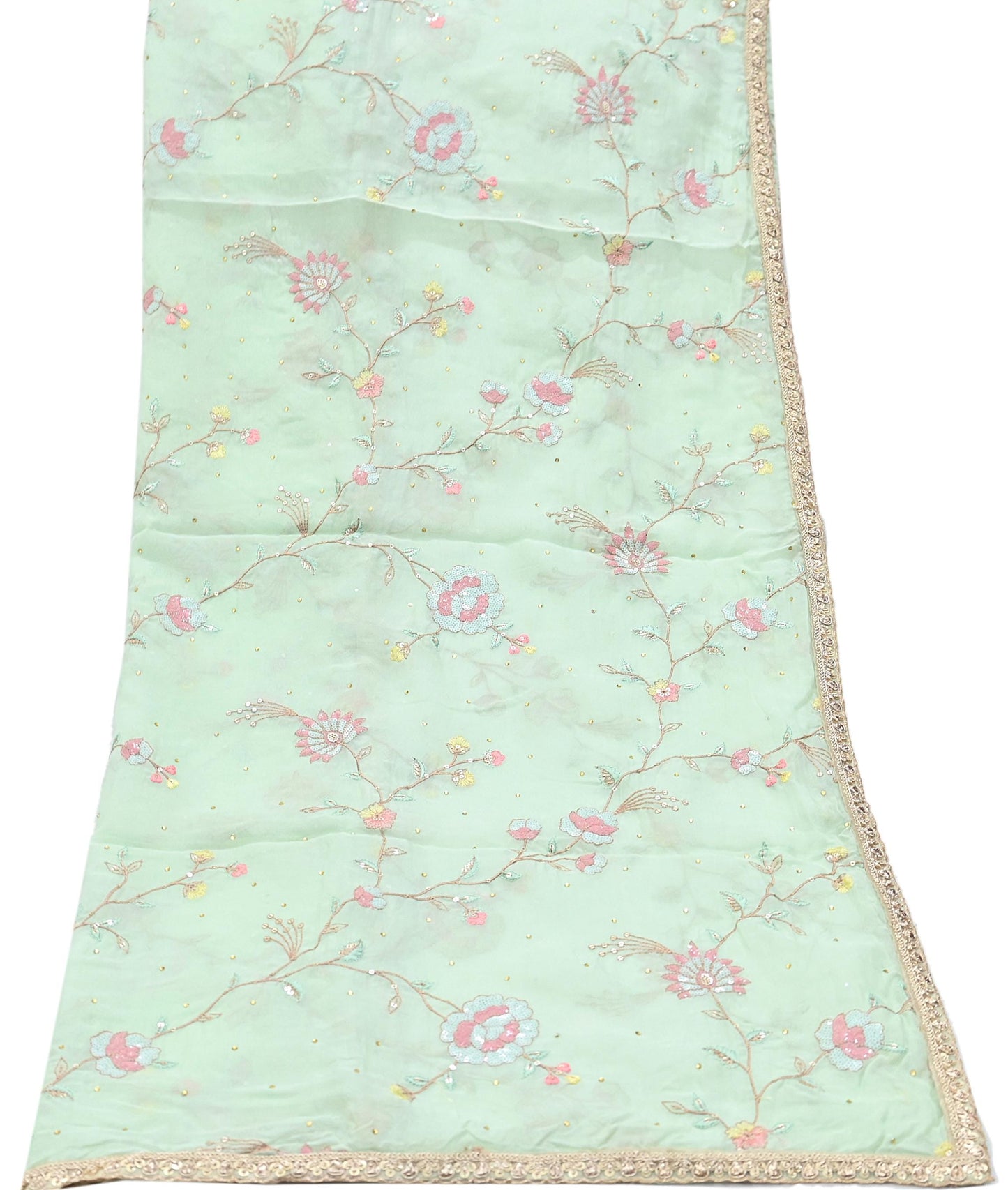 Indian Vintage Pista Green Dupatta Organza Long Stole Embroidered Scarves Veil Soft Floral Design Wrap Boho Party wear