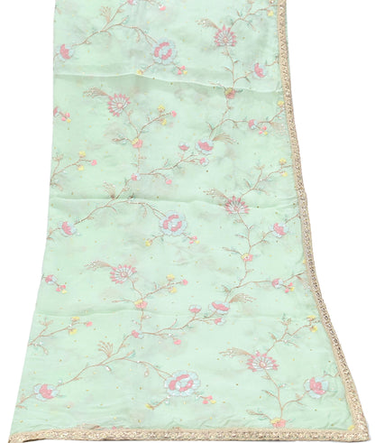 Indian Vintage Pista Green Dupatta Organza Long Stole Embroidered Scarves Veil Soft Floral Design Wrap Boho Party wear