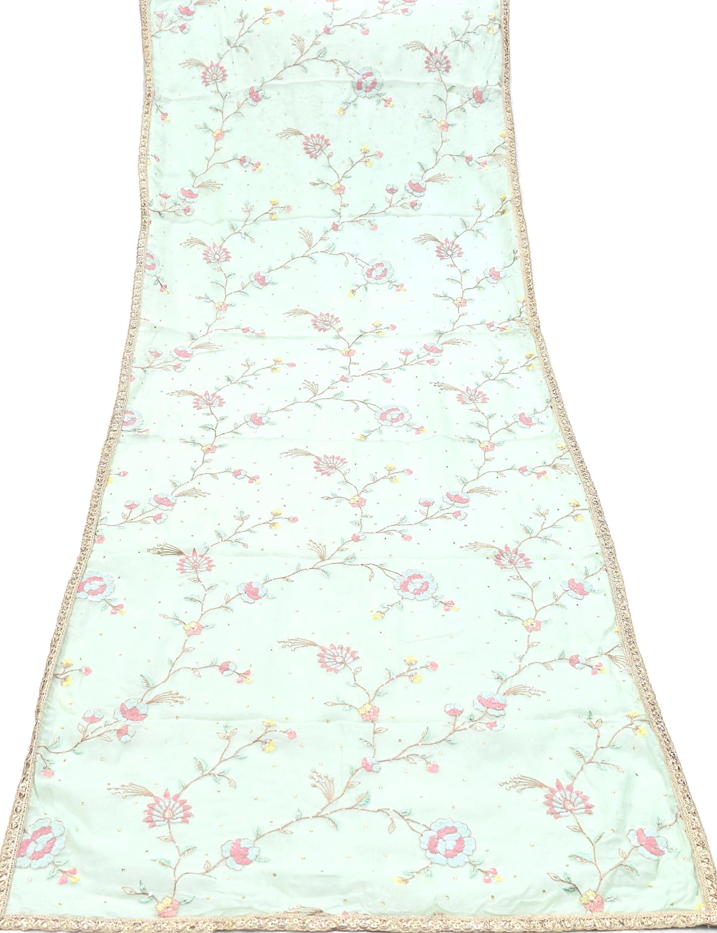 Indian Vintage Pista Green Dupatta Organza Long Stole Embroidered Scarves Veil Soft Floral Design Wrap Boho Party wear