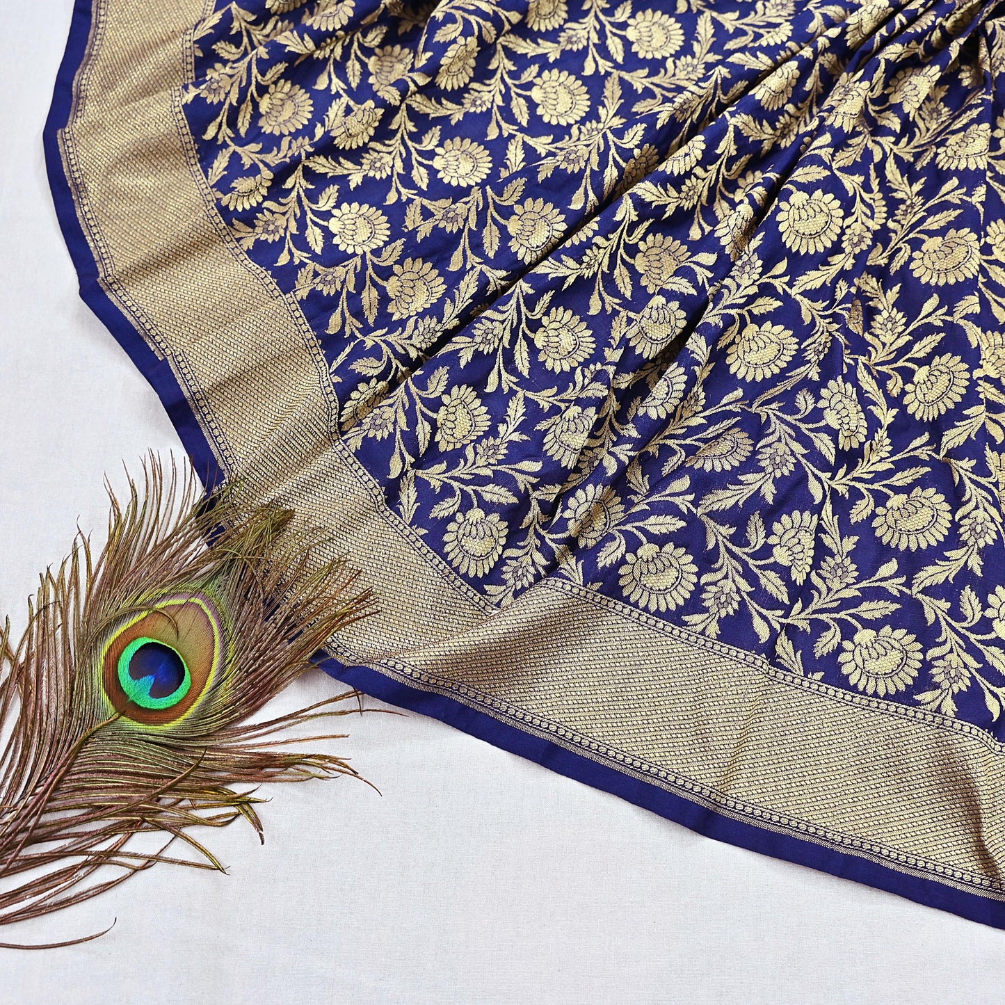 Indian Vintage Blue Dupatta Long Stole Artificial Silk Woven Brocade Scarves Veil Scarf Wrap Hippie Boho Soft Floral
