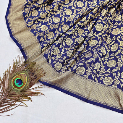Indian Vintage Blue Dupatta Long Stole Artificial Silk Woven Brocade Scarves Veil Scarf Wrap Hippie Boho Soft Floral