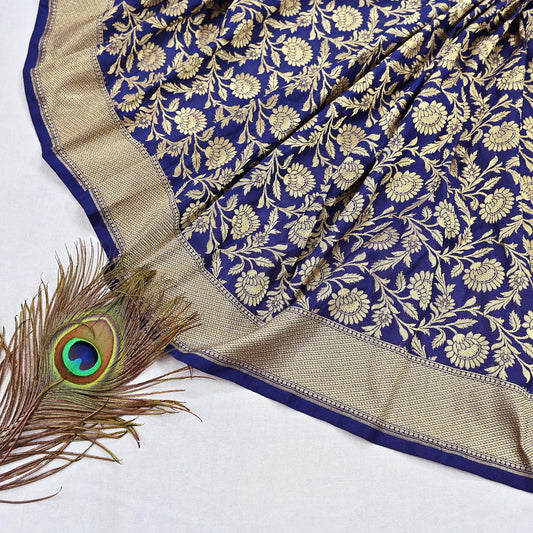 Indian Vintage Blue Dupatta Long Stole Artificial Silk Woven Brocade Scarves Veil Scarf Wrap Hippie Boho Soft Floral