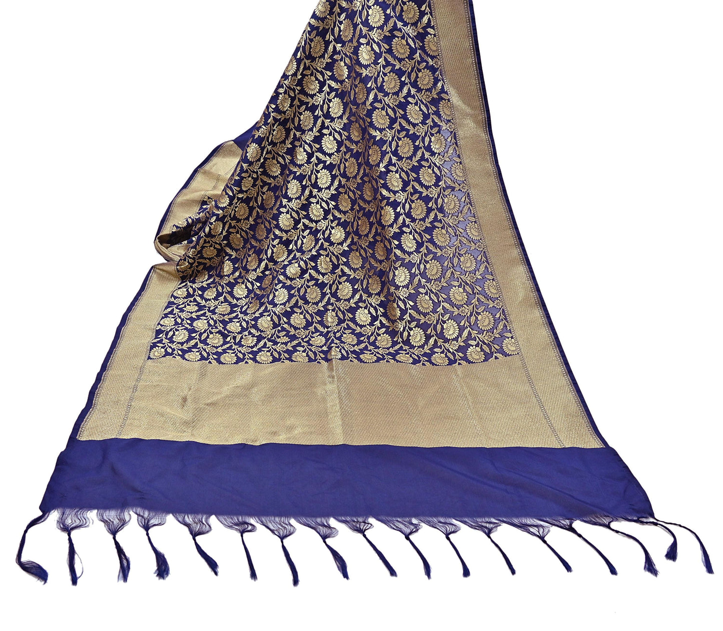 Indian Vintage Blue Dupatta Long Stole Artificial Silk Woven Brocade Scarves Veil Scarf Wrap Hippie Boho Soft Floral
