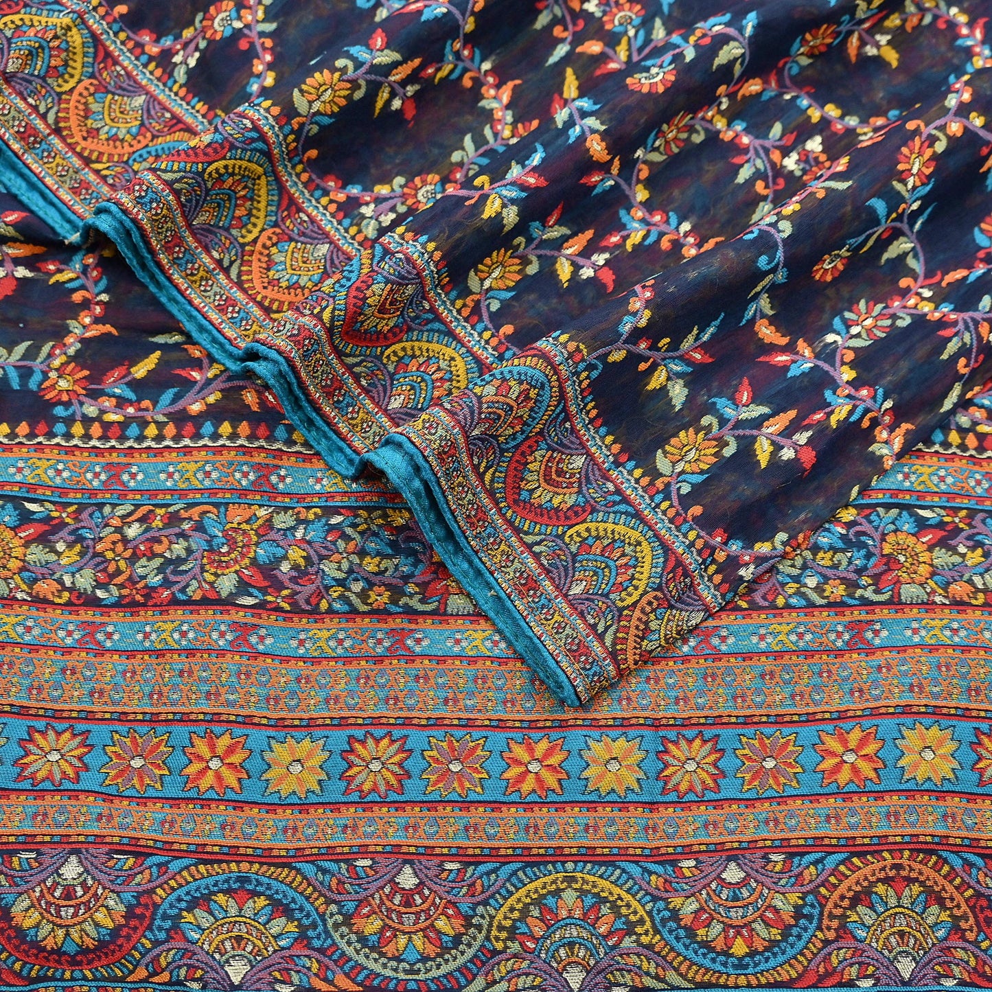 Indian Vintage Blue Dupatta Long Stole Artificial Silk Woven Brocade Scarves Veil Scarf Wrap Hippie Boho Soft Floral Fringes