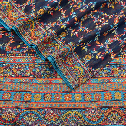 Indian Vintage Blue Dupatta Long Stole Artificial Silk Woven Brocade Scarves Veil Scarf Wrap Hippie Boho Soft Floral Fringes