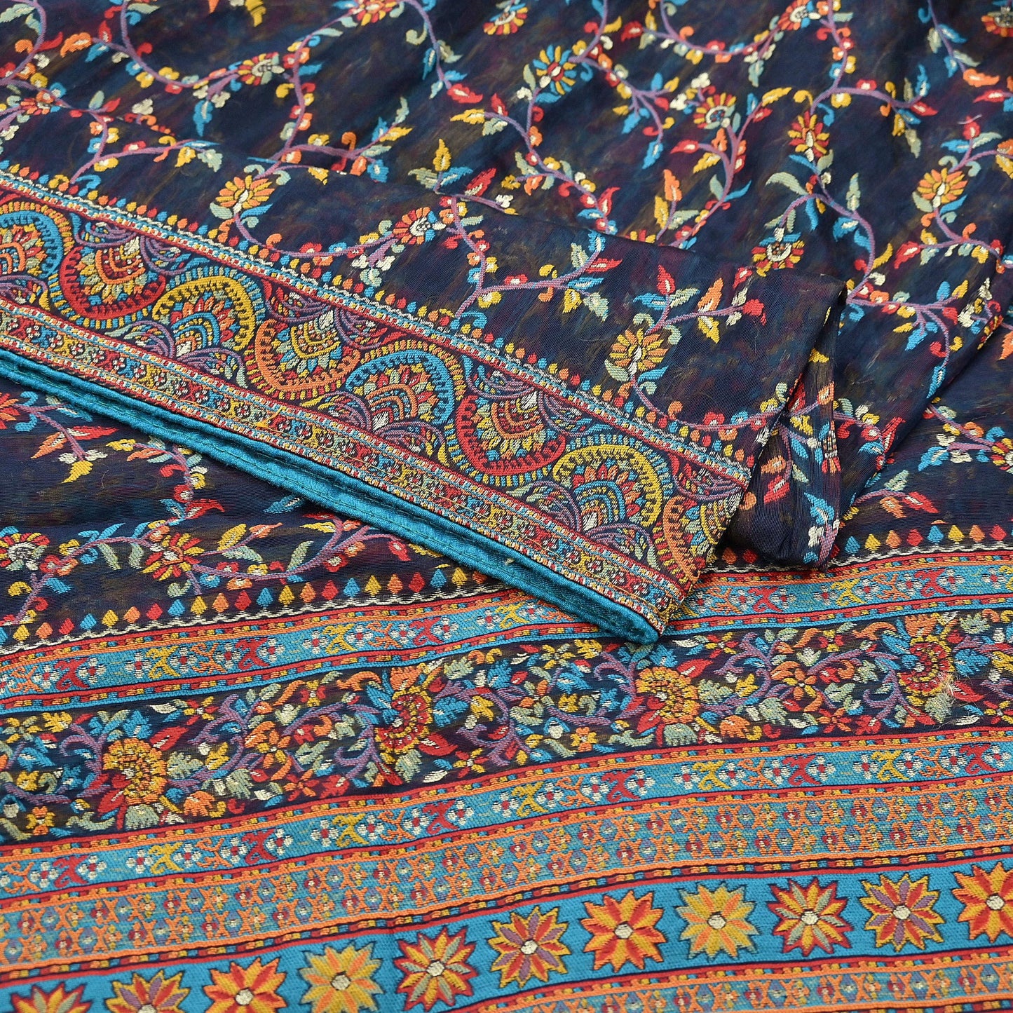 Indian Vintage Blue Dupatta Long Stole Artificial Silk Woven Brocade Scarves Veil Scarf Wrap Hippie Boho Soft Floral Fringes